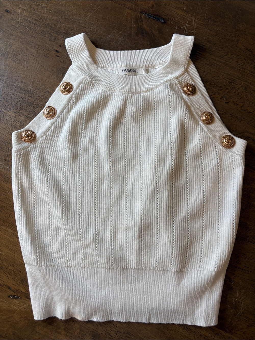 IMMODEL White Ribbed Halter Sweater Tank with Gold Buttons